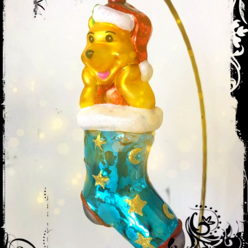 Rare Christopher Radko Disney WINNIE THE POOH Teal Blue Stocking Glass Ornament
